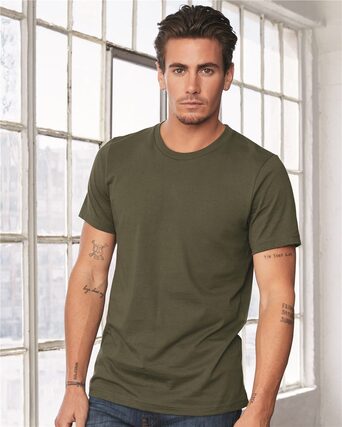 4.2 oz., 100% airlume combed and ringspun cotton, 32 singles Ash is 99/1 airlume combed and ringspun cotton/polyester Unisex sizing Coverstitched collar and sleeves Shoulder-to-shoulder taping Retail fit, side seams Tear-away labelPicture